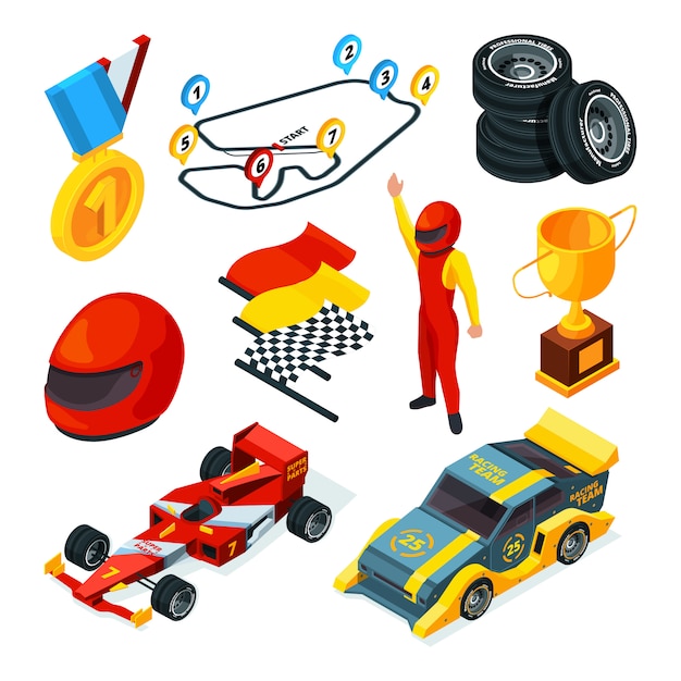 Isometric pictures of racing cars and formula 1 symbols