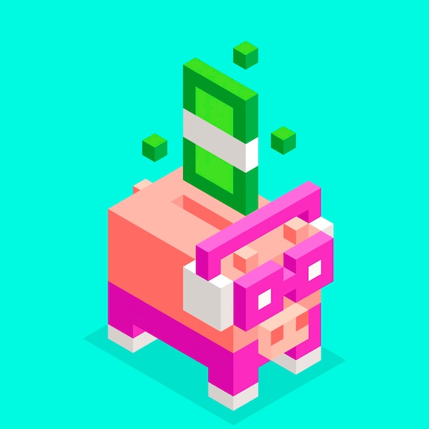 Isometric piggy bank wearing pink headphone and glasses in nft style collection