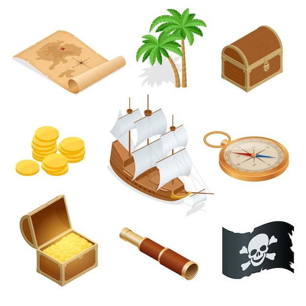 Isometric Pirate accessories flat icons. Collection with wooden treasure chest and black jolly roger flag. Vector illustration.