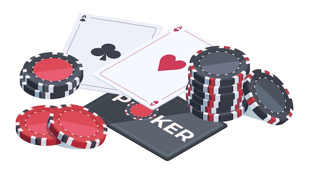 Isometric poker cards and casino chips Online casino playing cards and poker chips 3d gambling elements flat vector illustration on white background