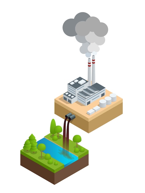 Isometric Pollution of the environment concept. The plant pours dirty water into the river, the pipes smoke and pollute the air. Let s save the Earth. For infographics and design.