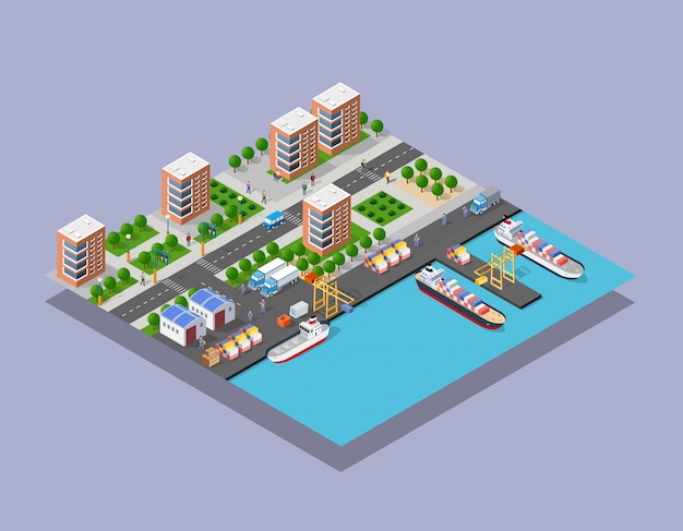 Isometric port cargo ship