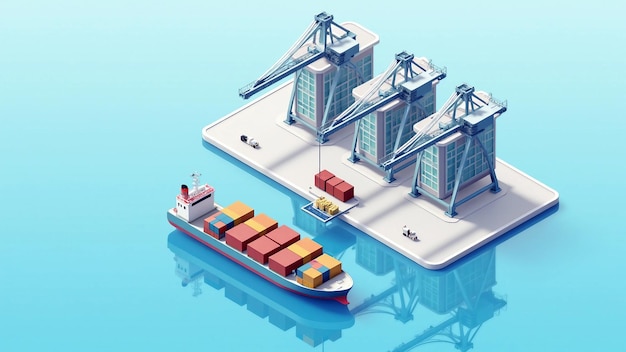 Vector isometric port with ship and crane