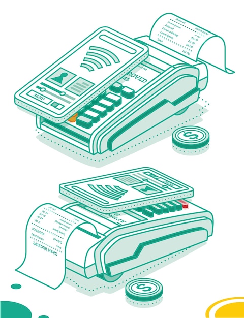 Isometric POS Terminal with Smartphone and Cash Receipt Isolated on White Background