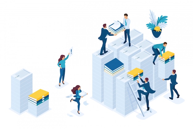 Isometric Preparation of tax reports, tax agents check the documents. 