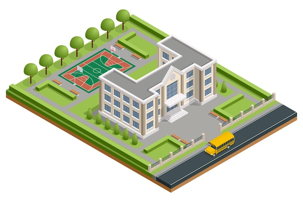 Isometric public school building. Exterior school building with a sports stadium, a school bus and a park. Vector illustration icon or infographic element.