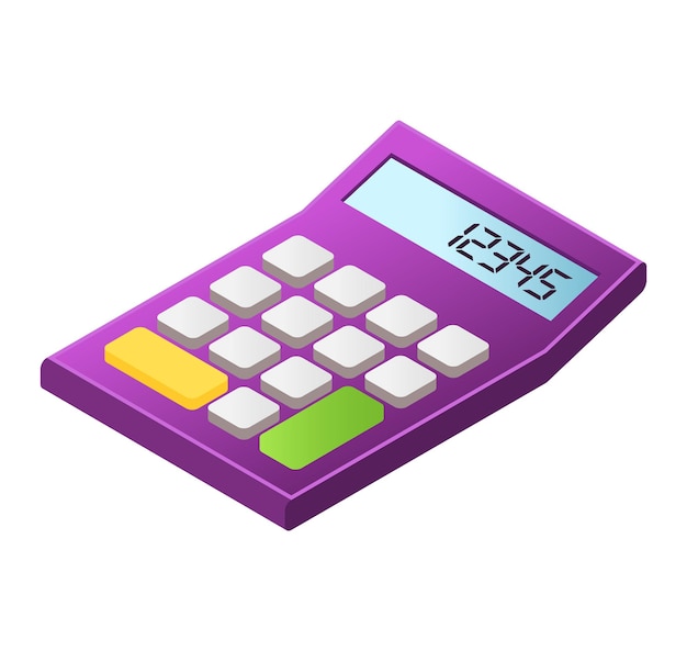 Isometric purple calculator with colorful buttons and digital display Office stationary mathematics tool vector illustration