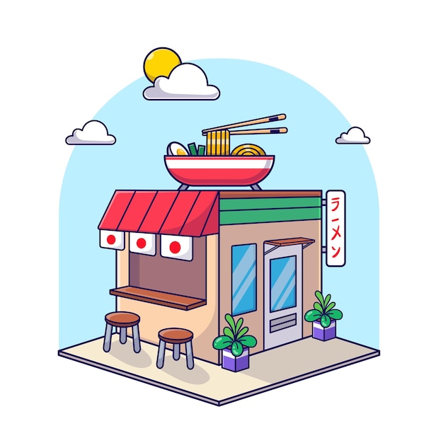 Isometric ramen restaurant building icon, 3d icon illustration vector landmark flat design isolated