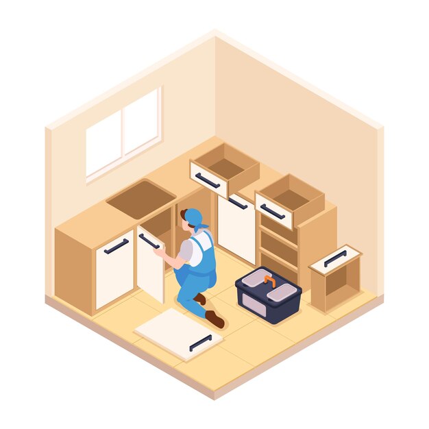 Vector isometric repairs composition with view of kitchen room with character of repairman vector illustration