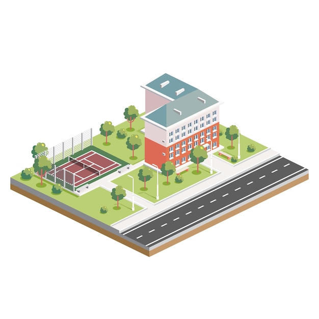 Isometric Residential Five Storey Building Hotel with Tennis Court Icon or Infographic Element