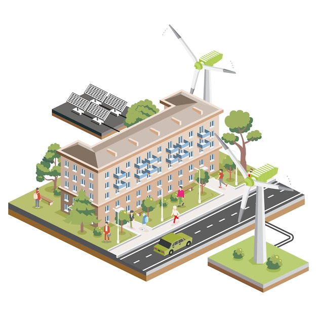 Isometric residential five storey building with solar panels and wind turbines Green eco friendly house Infographic element Infographic element City home Trees with people