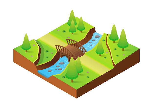 Isometric river with wooden bridge