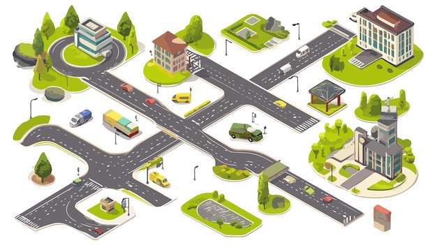 Vector isometric road intersections collection urban cityscape with innovative traffic infrastructure desig