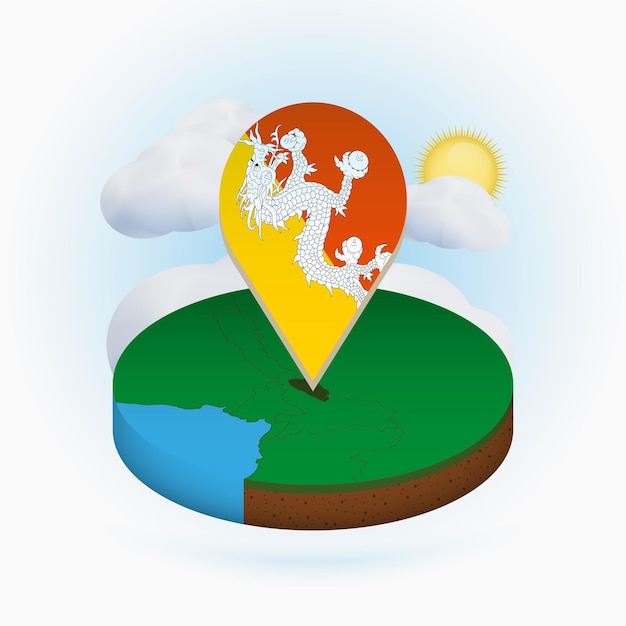 Isometric round map of Bhutan and point marker with flag of Bhutan Cloud and sun on background