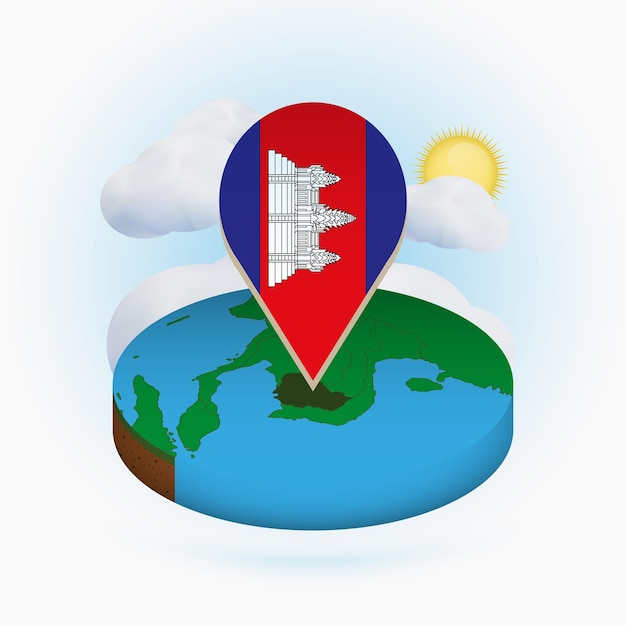 Isometric round map of Cambodia and point marker with flag of Cambodia Cloud and sun on background