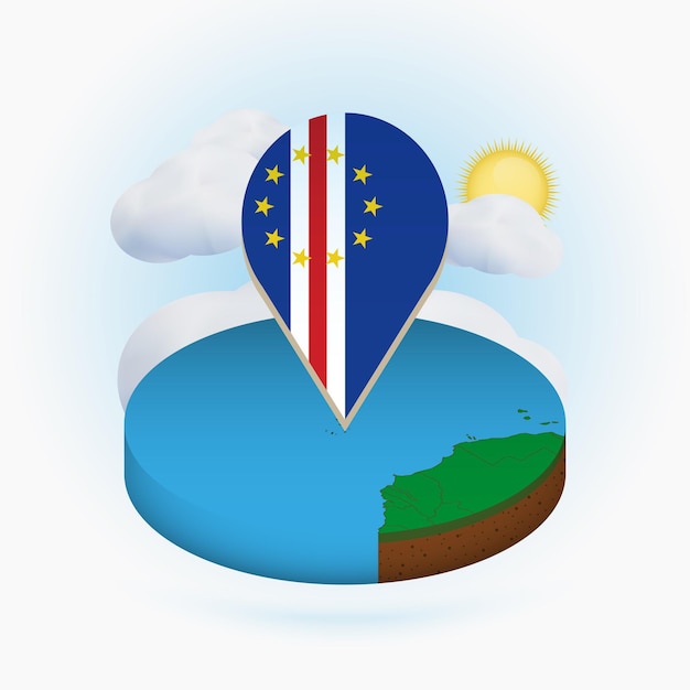 Isometric round map of Cape Verde and point marker with flag of Cape Verde Cloud and sun on background