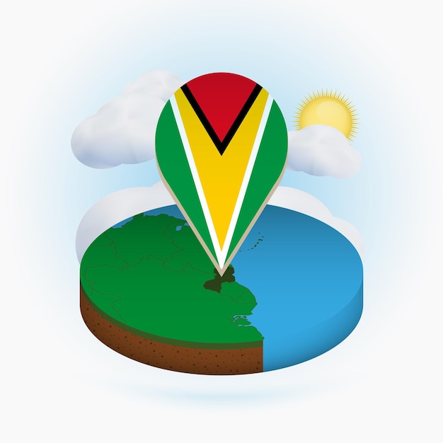 Isometric round map of Guyana and point marker with flag of Guyana Cloud and sun on background