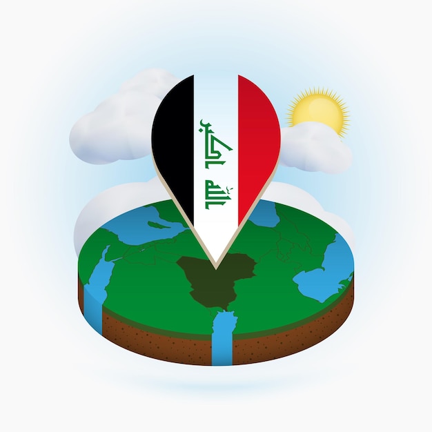 Isometric round map of Iraq and point marker with flag of Iraq Cloud and sun on background