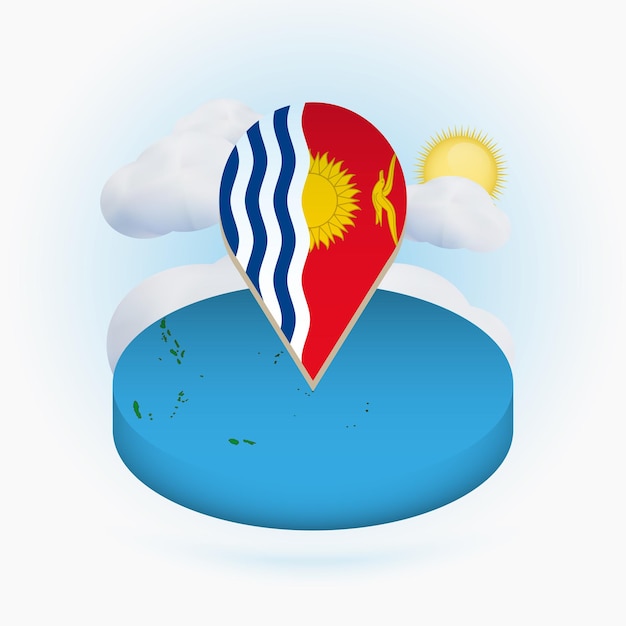 Isometric round map of Kiribati and point marker with flag of Kiribati Cloud and sun on background