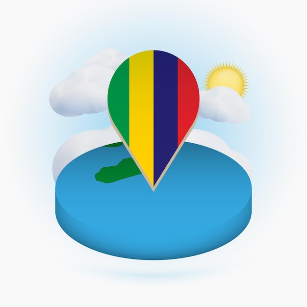 Isometric round map of Mauritius and point marker with flag of Mauritius Cloud and sun on background