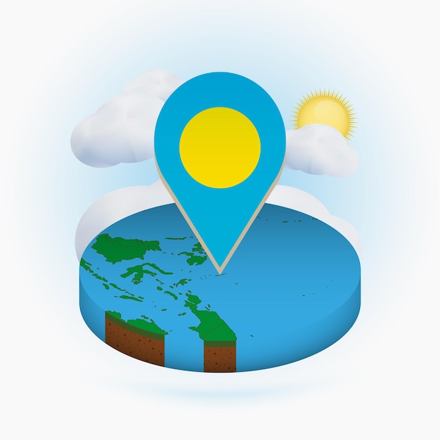 Isometric round map of Palau and point marker with flag of Palau Cloud and sun on background