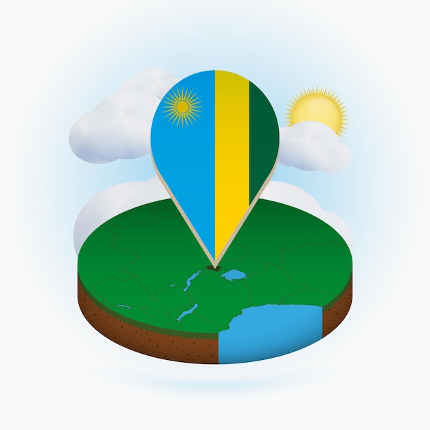 Isometric round map of Rwanda and point marker with flag of Rwanda Cloud and sun on background