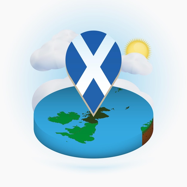 Isometric round map of Scotland and point marker with flag of Scotland Cloud and sun on background