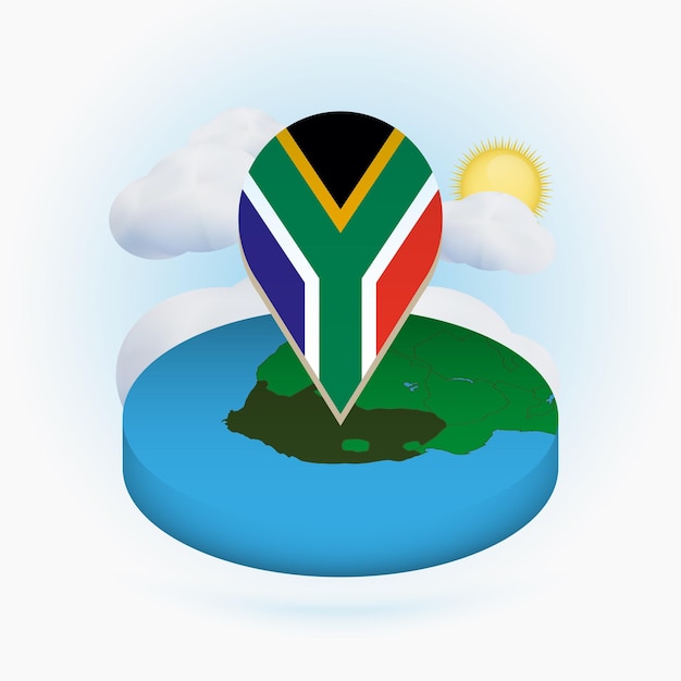 Isometric round map of South Africa and point marker with flag of South Africa Cloud and sun on background