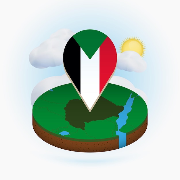 Isometric round map of Sudan and point marker with flag of Sudan Cloud and sun on background