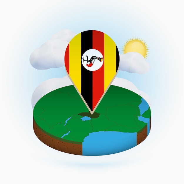 Isometric round map of Uganda and point marker with flag of Uganda Cloud and sun on background