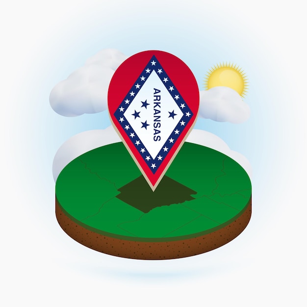 Isometric round map of US state Arkansas and point marker with flag of Arkansas Cloud and sun on background