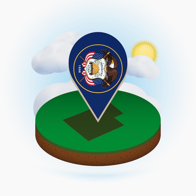 Isometric round map of US state Utah and point marker with flag of Utah Cloud and sun on background