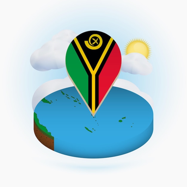 Isometric round map of Vanuatu and point marker with flag of Vanuatu Cloud and sun on background