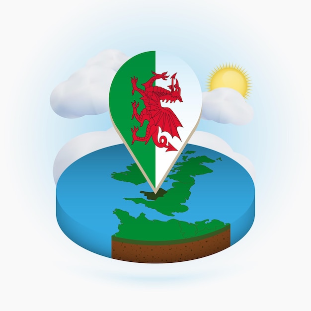 Isometric round map of Wales and point marker with flag of Wales Cloud and sun on background