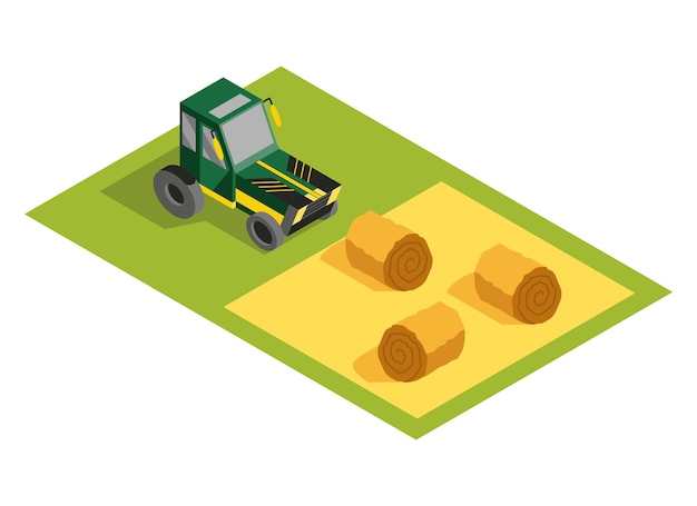 Isometric rural farm. Agricultural machinery on field with hay bales. Vector icon representing countryside element.