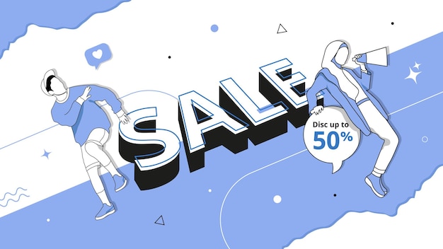 Isometric sale banner design with flat people illustration