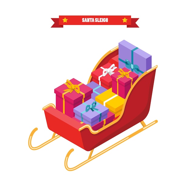 Isometric of santa sleigh with piles of presents. Vector illustration