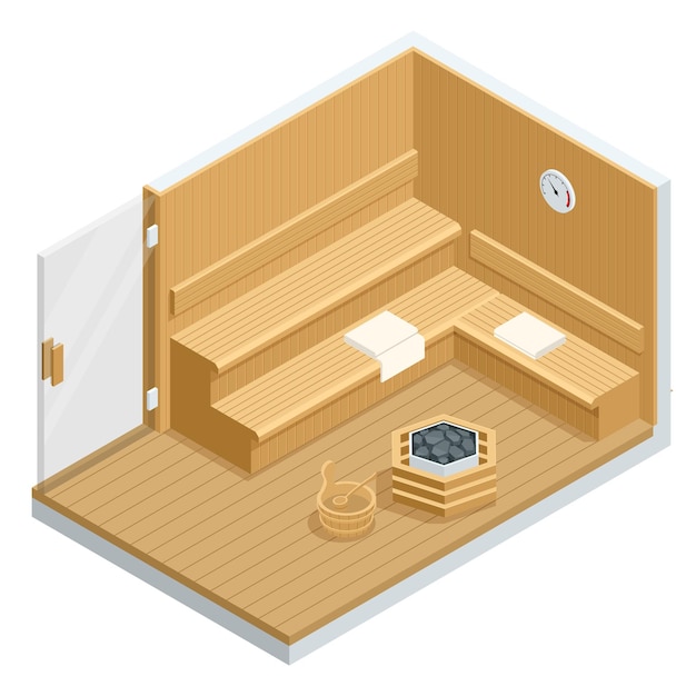 Vector isometric sauna interior finnish sauna classic wooden sauna wooden benches and loungers accessories for sauna spa complex in the hotel