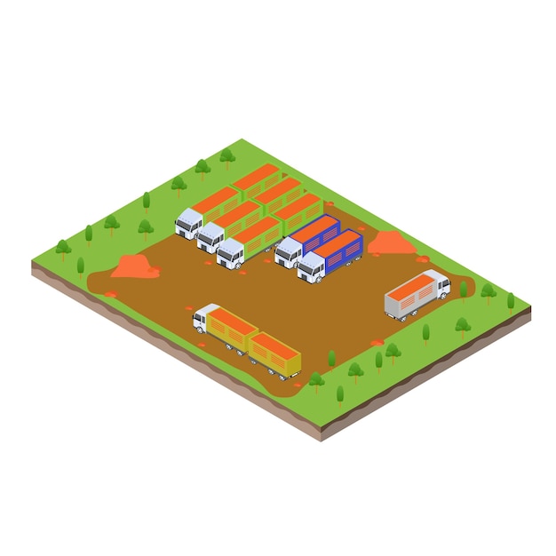 Isometric scene of cargo trailer truck with a load of soil at unloading process