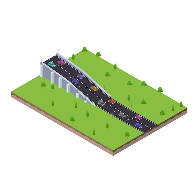 Isometric scene of highway traffic road with Bridge