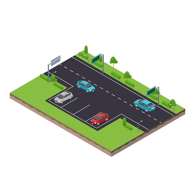 Isometric scene of parking spot in highway traffic road with car