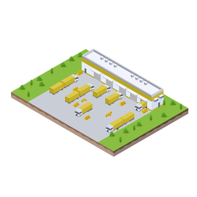 Isometric scene of trailer truck at warehouse logistic hall unloading process in Company business