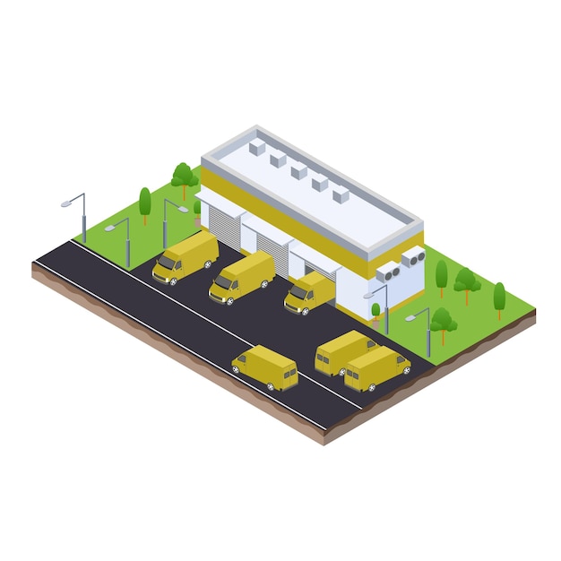 Isometric scene of van at warehouse logistic hall unloading process in Company business