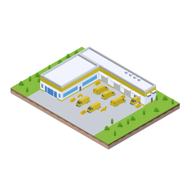 Isometric scene of van at warehouse logistic hall unloading process in Company business