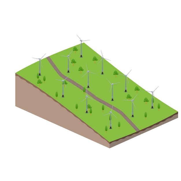 Isometric scene of Wind turbines generating electricity in the hill