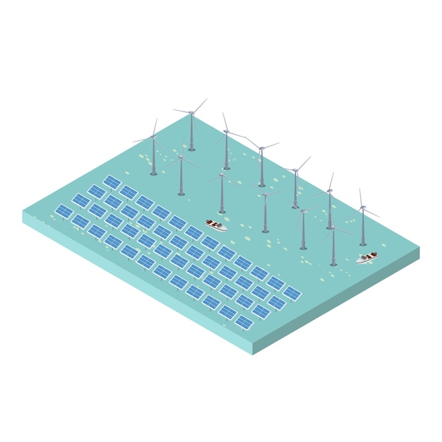 Isometric scene of Wind turbines generating electricity and solar farm panels in the river ocean