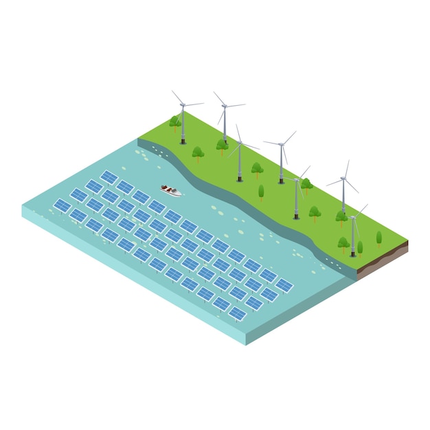 Isometric scene of Wind turbines generating electricity and solar farm panels in the river ocean