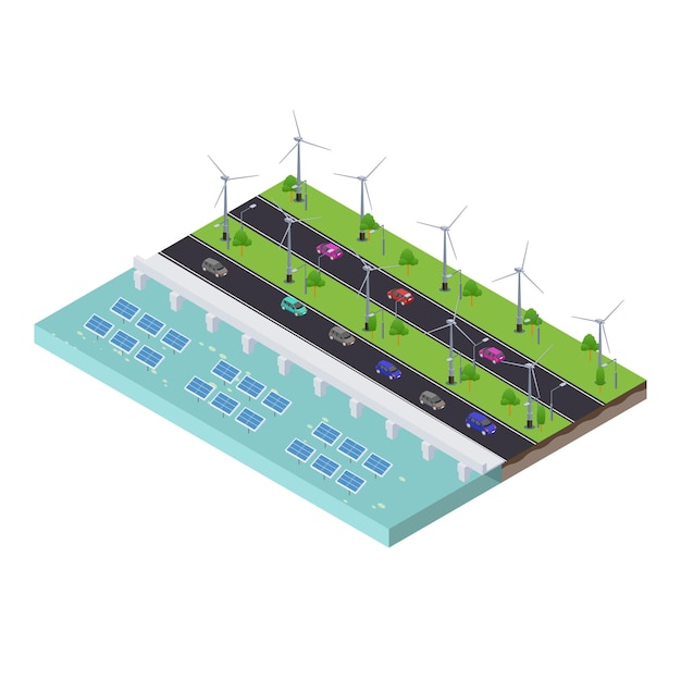 Isometric scene of Wind turbines generating electricity and solar farm panels with road near the ocean