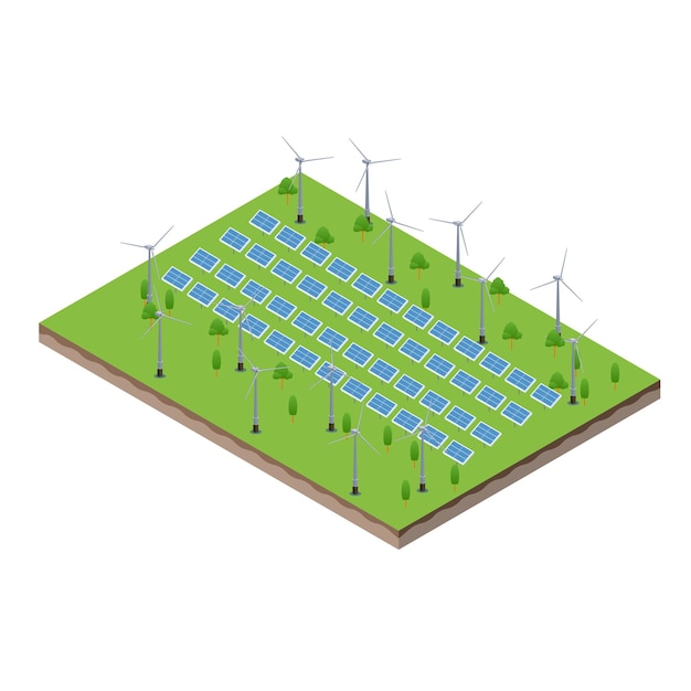 Isometric scene of Wind turbines generating electricity and solar farm panels