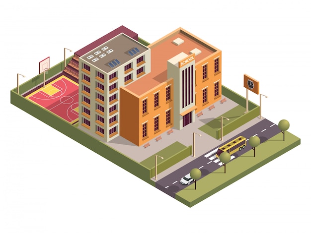 Isometric school building with basketball ground along vehicle street .